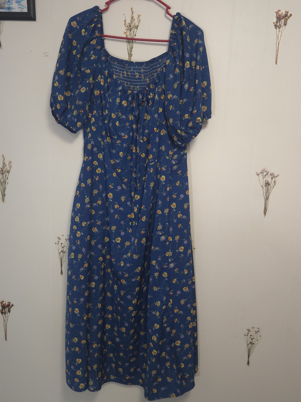 SHEIN Blue Plus Size Floral Puff-Sleeve Midi Milkmaid Dress